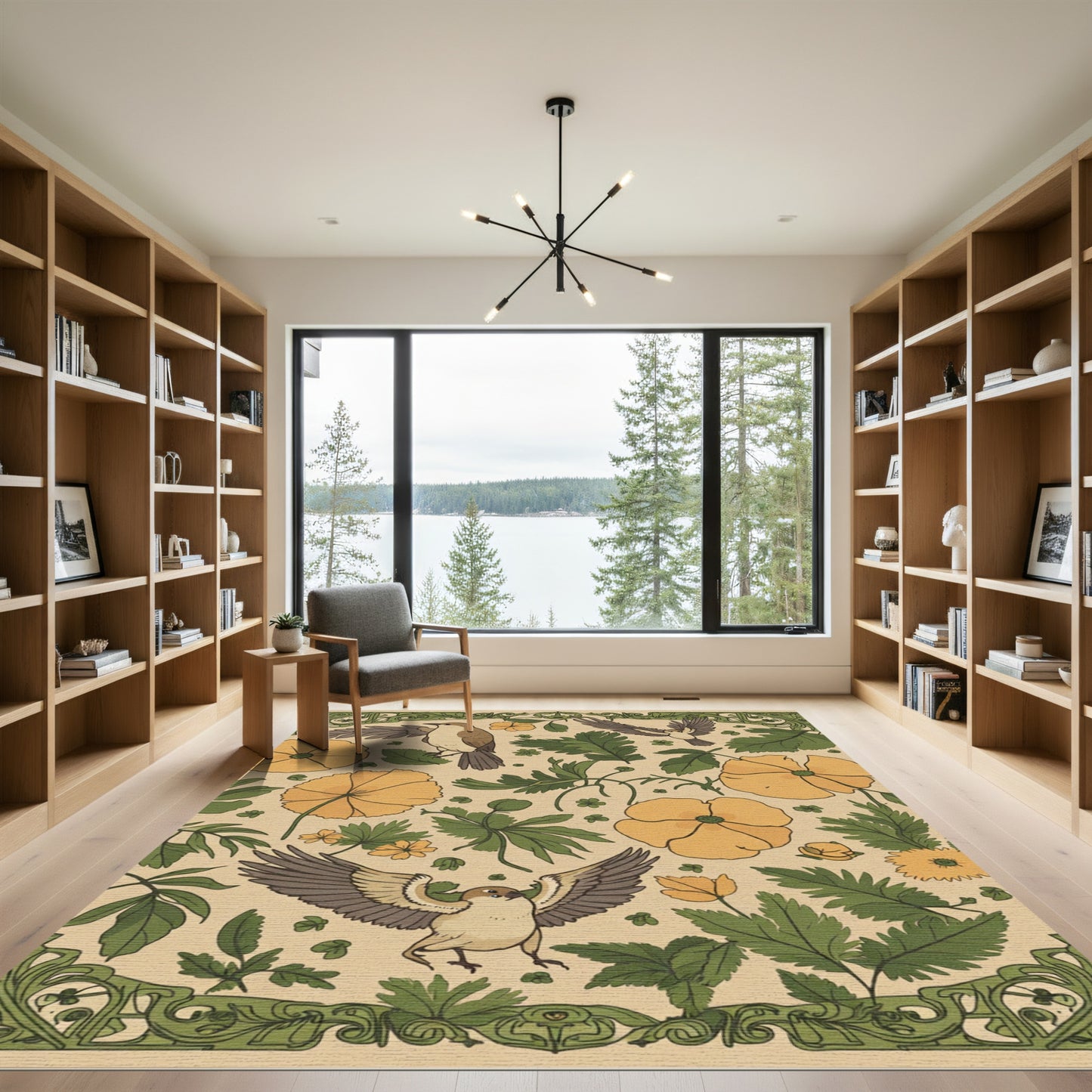 Botanical Birds Yellow Floral Border Rug