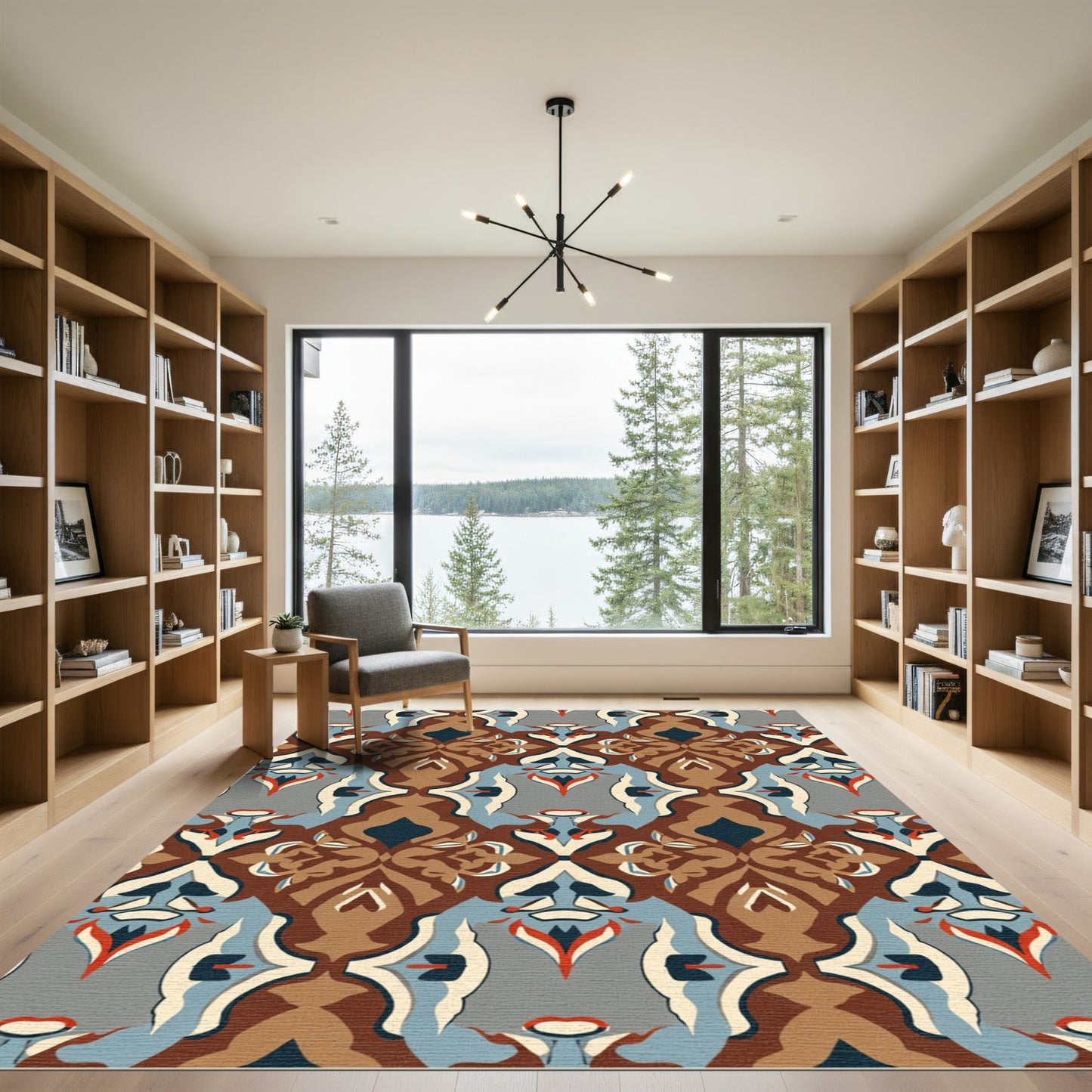 Brown Blue Medallion Symmetrical Art Rug