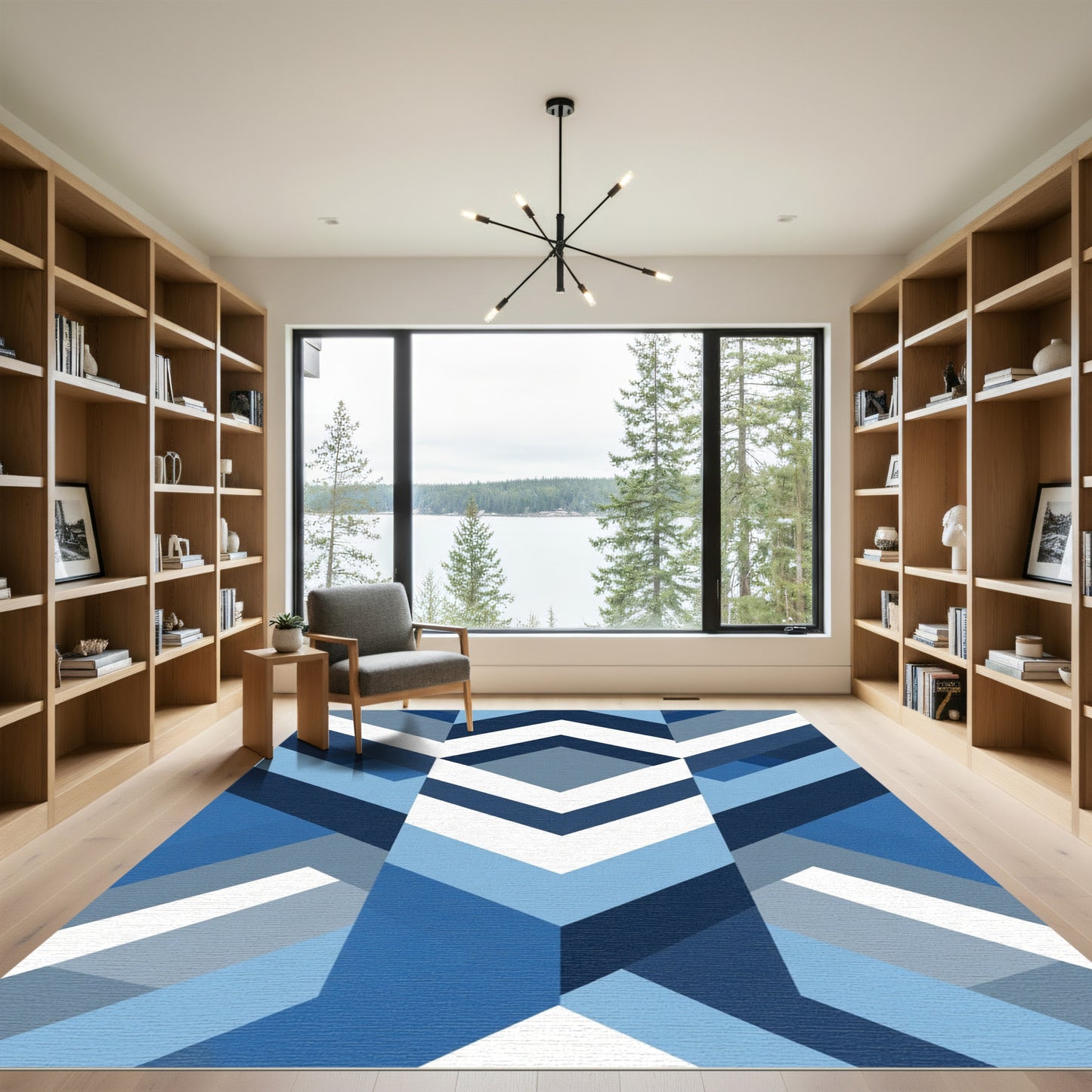 Gradient Blue Geometric Chevron Rug