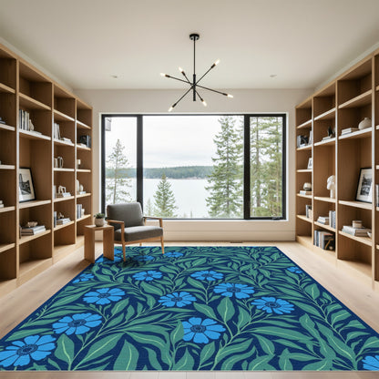 Navy Blue Floral Vine Meadow Rug