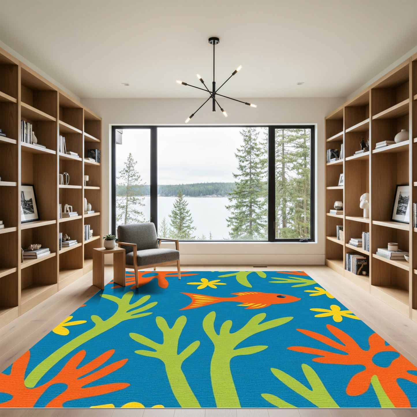 Bright Orange Fish Coral Reef Scene Rug