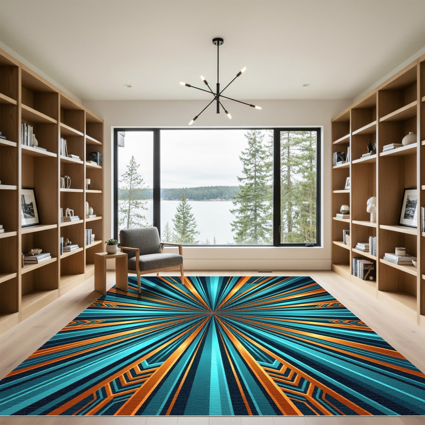 Vibrant Cyan and Gold Radiant Burst Rug