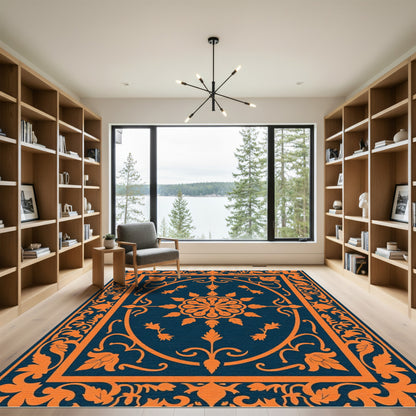 Orange Floral Medallion Navy Rug
