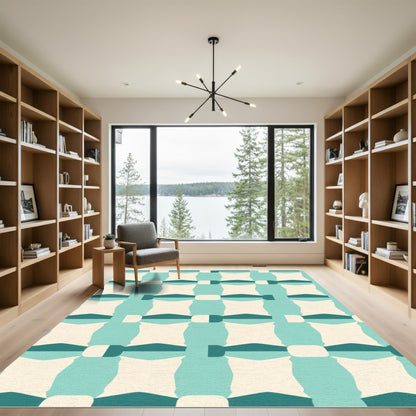 Teal Off White Geometric Grid Rug