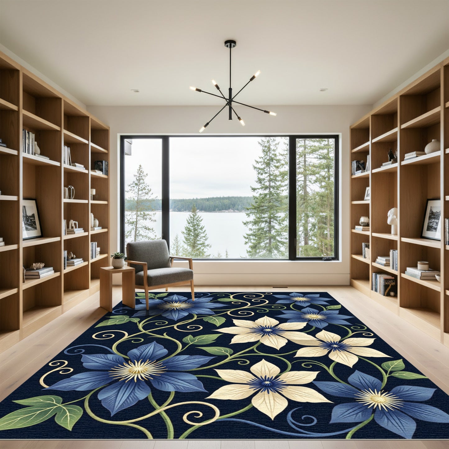 Elegant Navy Blue Clematis Floral Vine Rug