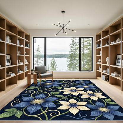 Elegant Navy Blue Clematis Floral Vine Rug