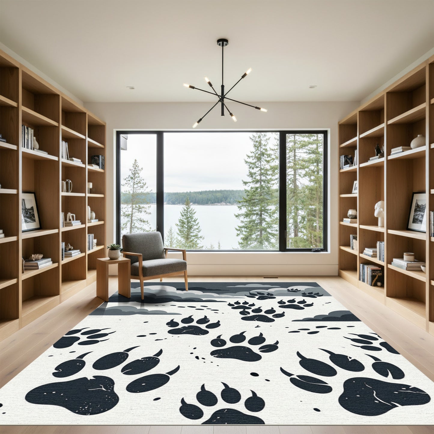 Monochrome Wolf Paw Cloud Landscape Rug