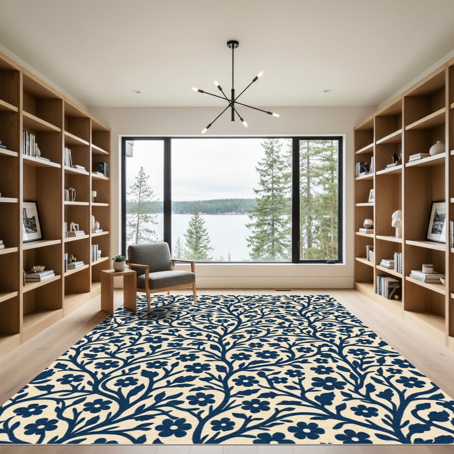 Deep Blue Floral Branch Vine Rug