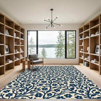 Deep Blue Floral Branch Vine Rug