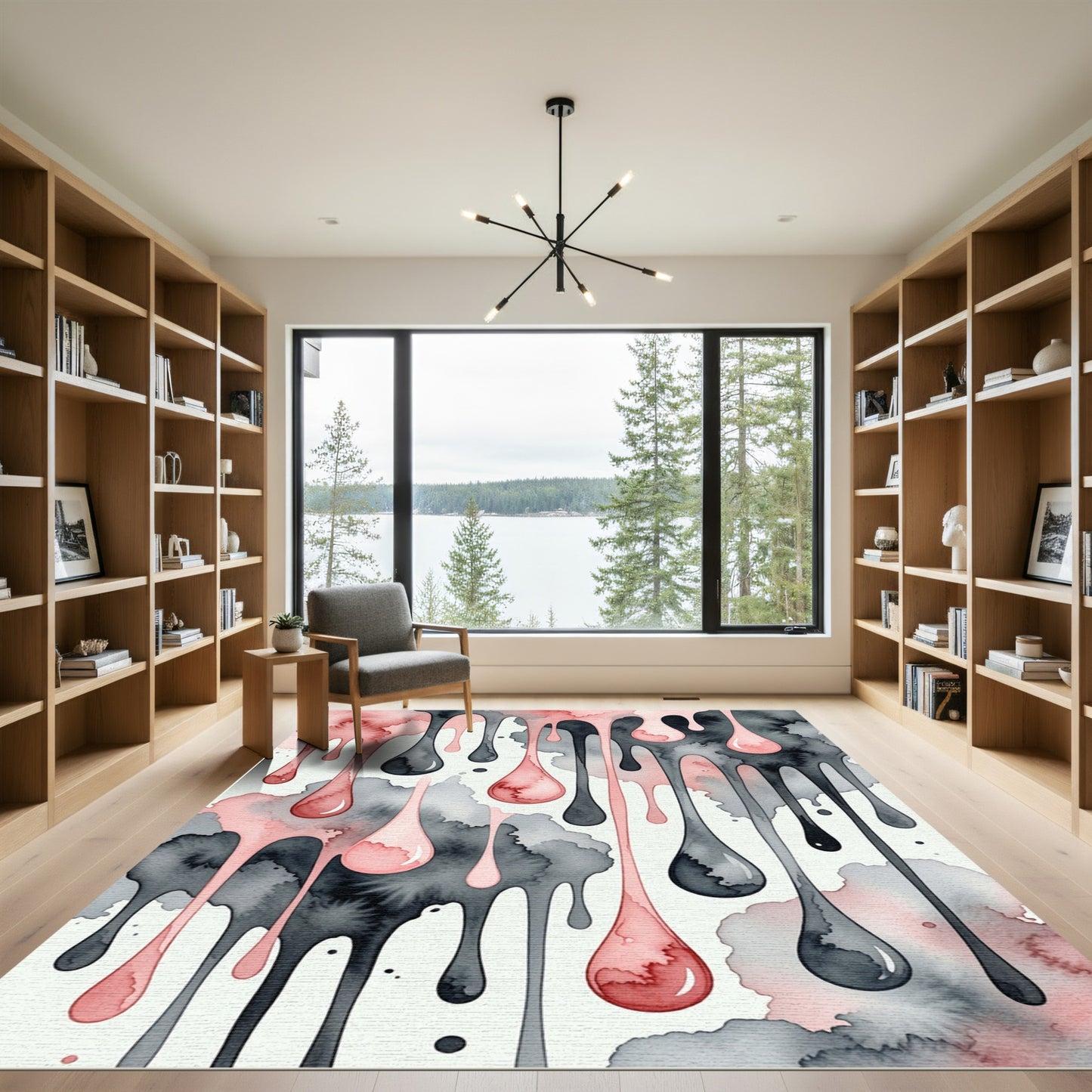 Watercolor Pink and Black Liquid Drip Rug