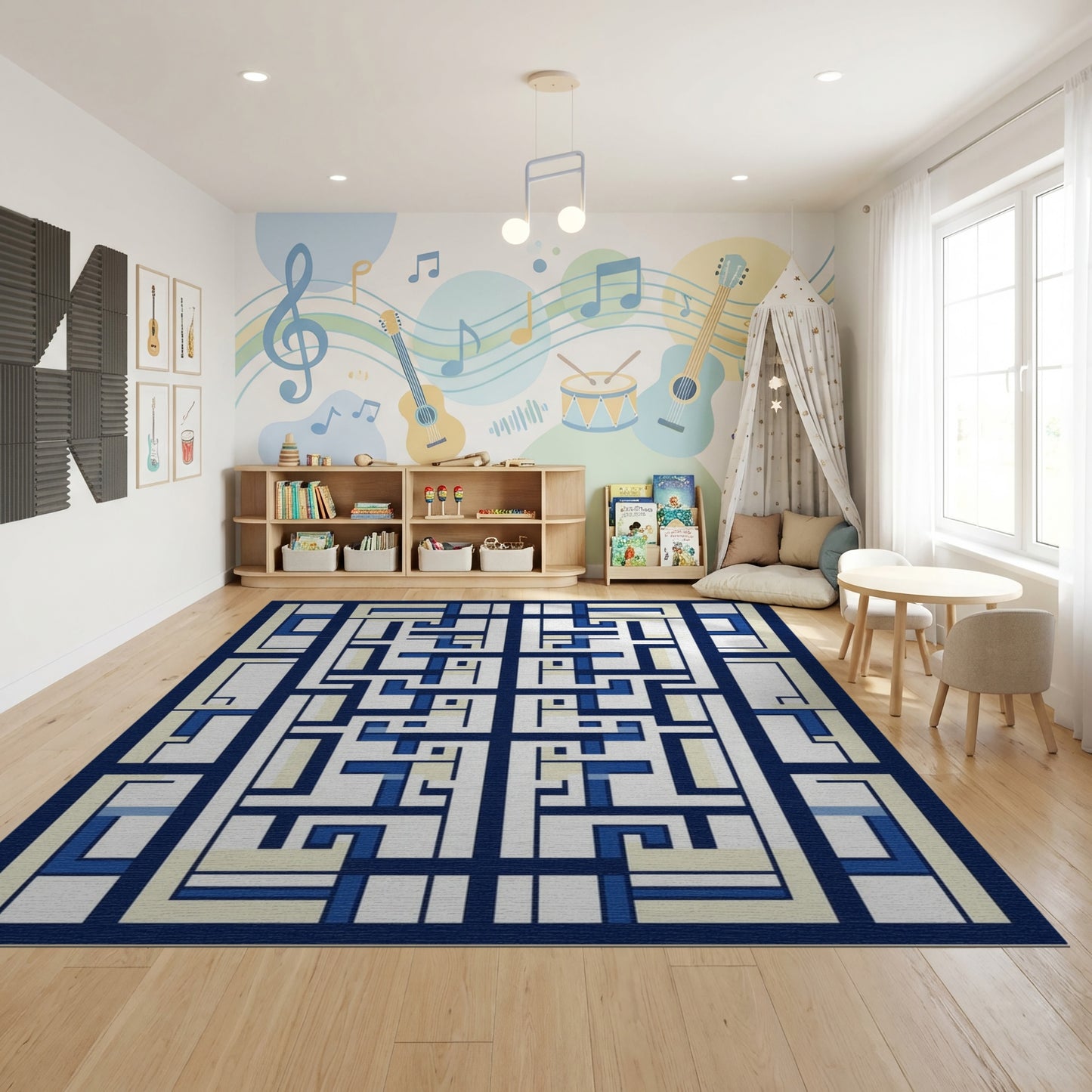 Modern Navy and Cream Lattice Rug