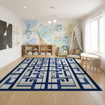 Modern Navy and Cream Lattice Rug