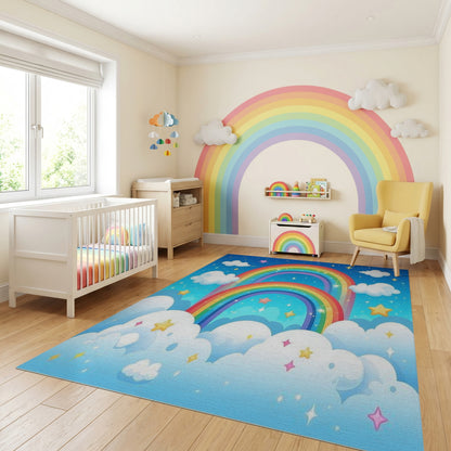 Whimsical Double Rainbow Stars Clouds Rug