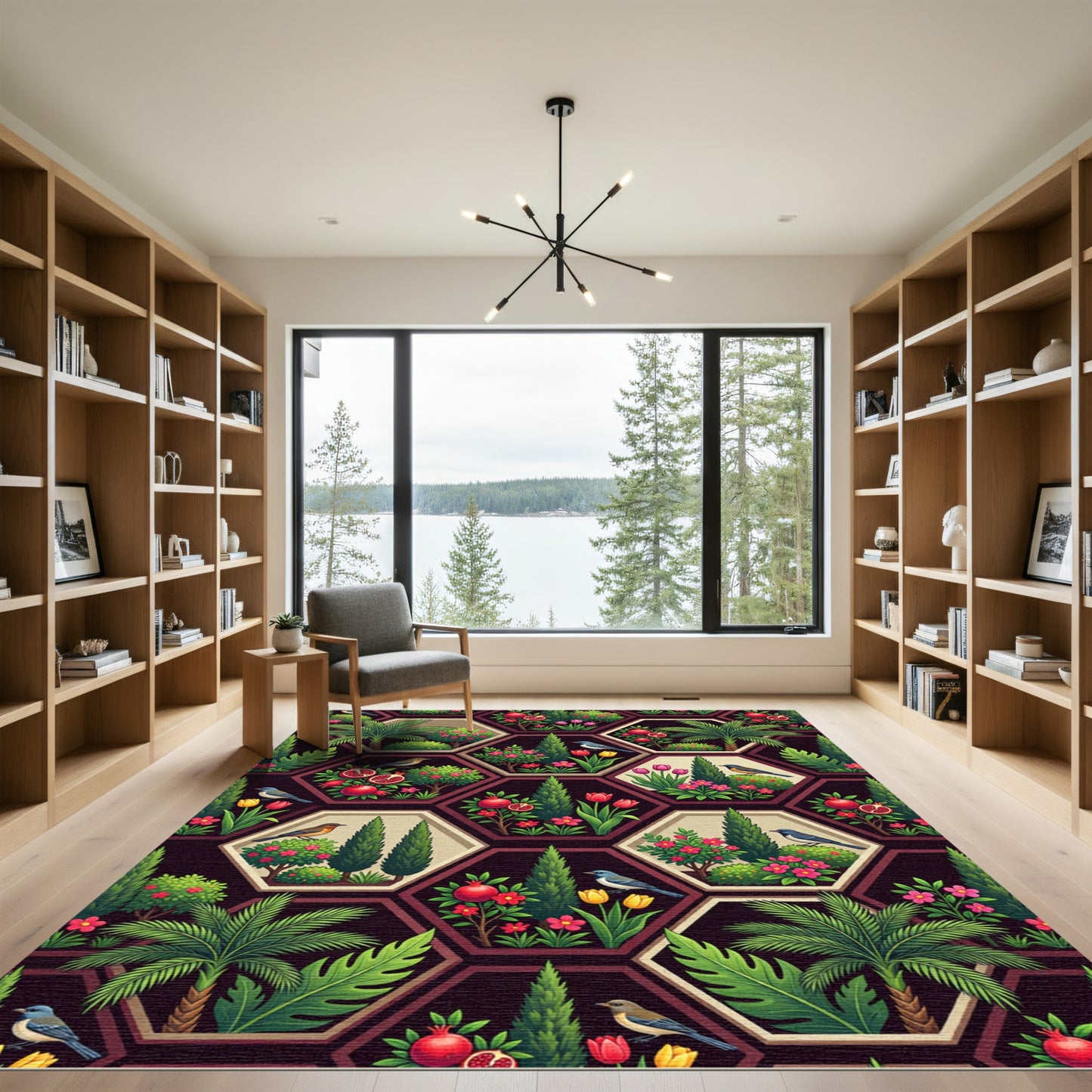 Botanical Hexagon Garden Pomegranate Bird Rug