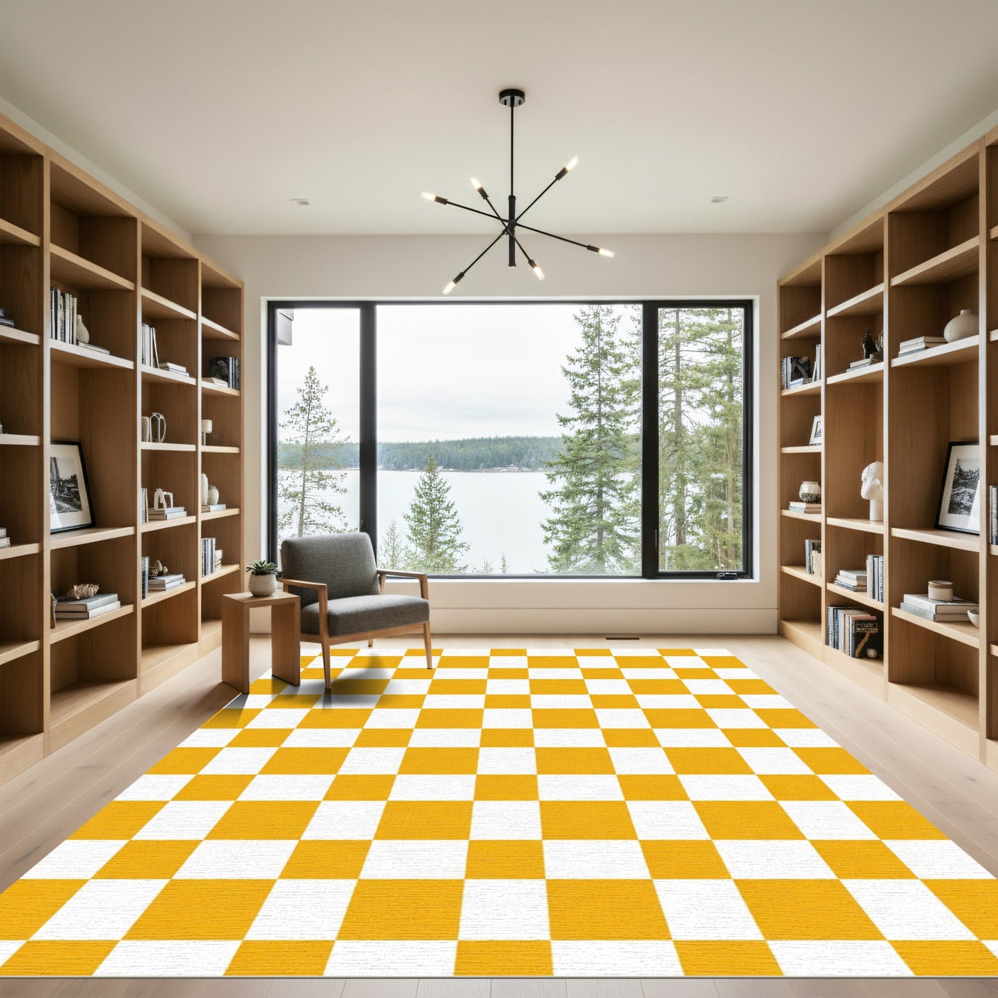 Golden Yellow White Checkerboard Square Rug