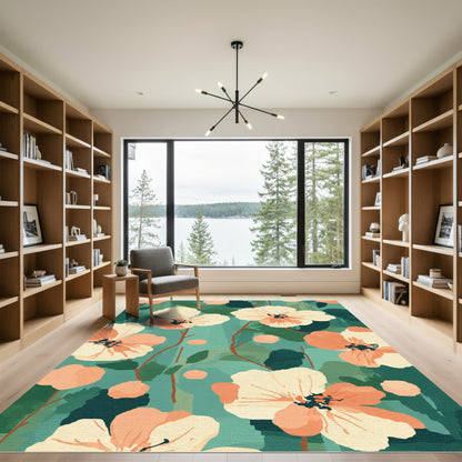 Coral Peach Blossom Garden Teal Rug