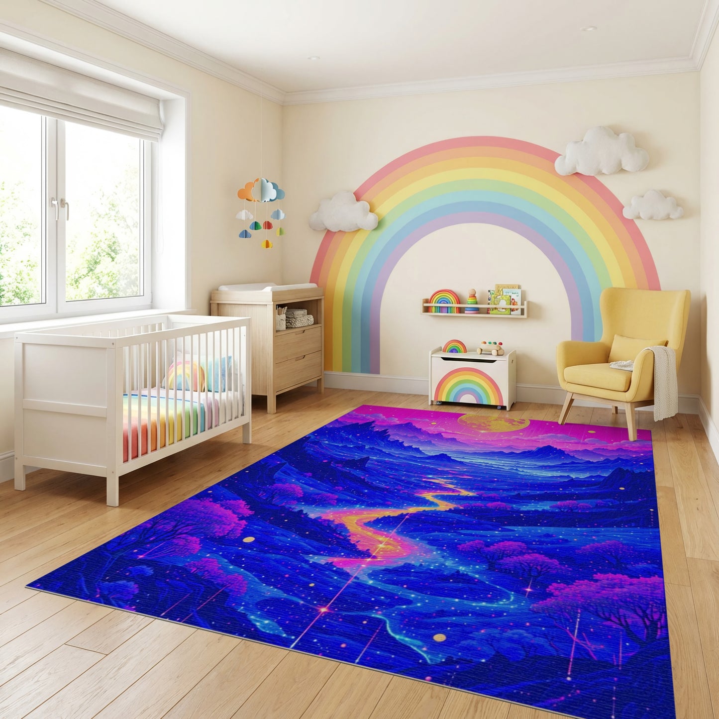 Vibrant Neon Mountain Moon River Rug