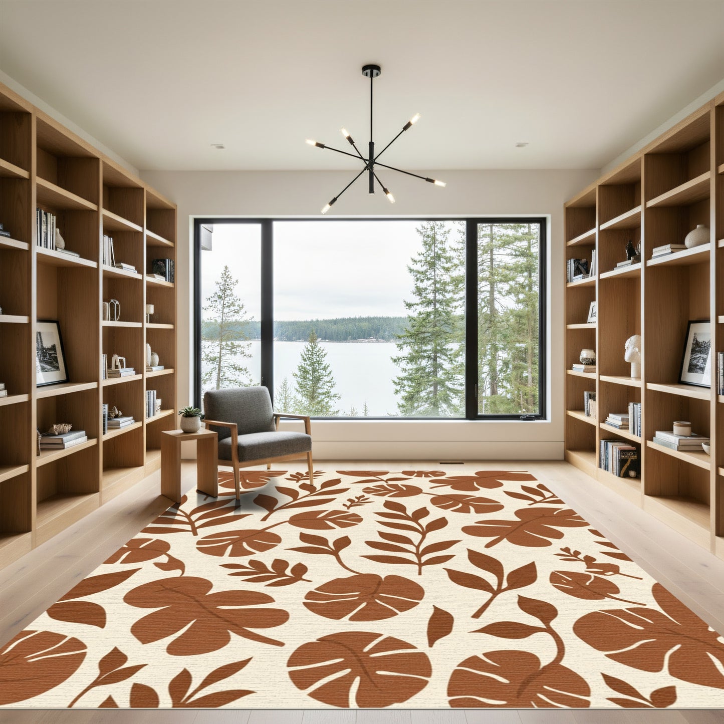 Earthy Brown Tropical Leaf Arrangement Rug