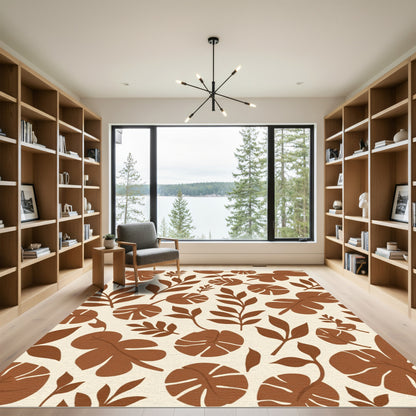 Earthy Brown Tropical Leaf Arrangement Rug