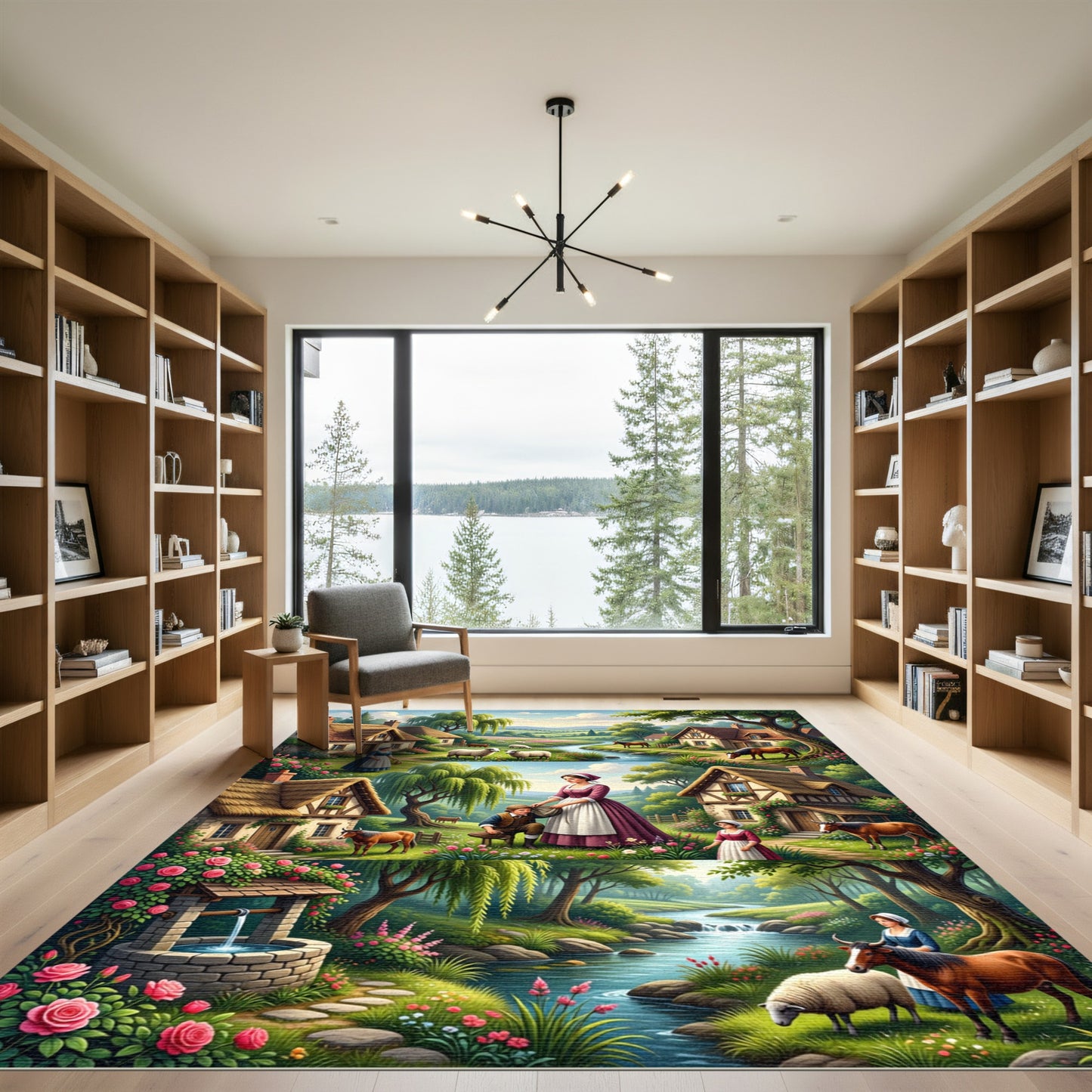 Pastoral Village Scene River Wildlife Rug