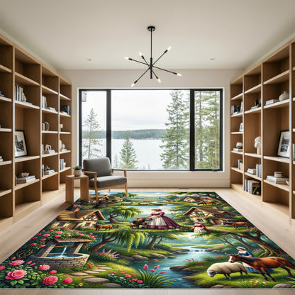 Pastoral Village Scene River Wildlife Rug