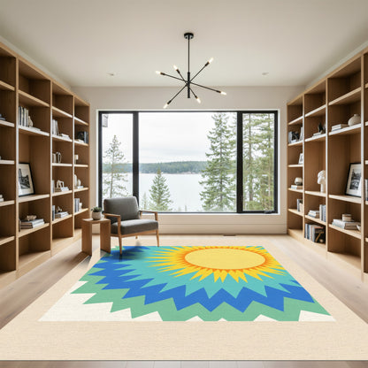 Radiant Sunburst Yellow Blue Green Waves Rug
