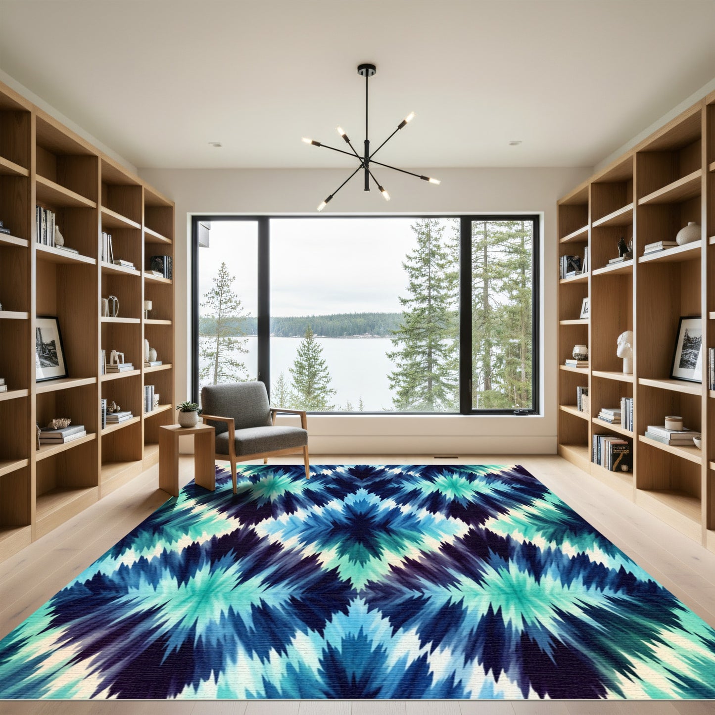 Teal and Navy Ikat Diamond Area Rug