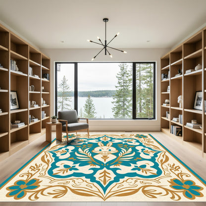 Whimsical Teal Rabbit Floral Frame Rug