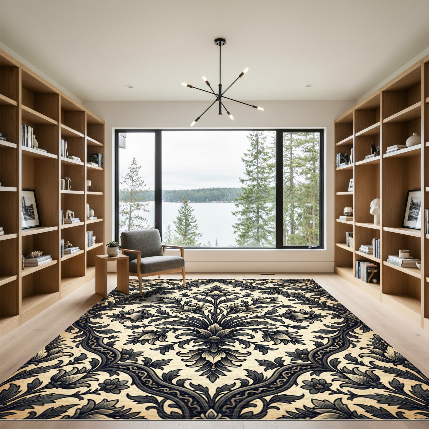 Ornate Black Floral Damask Ivory Rug