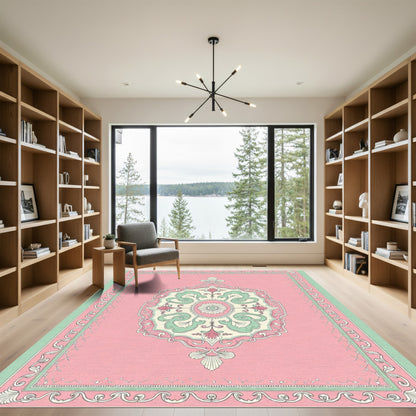 Pink Teal Floral Medallion Traditional Rug