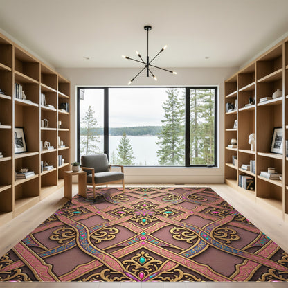 Gilded Pink Ornate Damask Lattice Ribbon Rug
