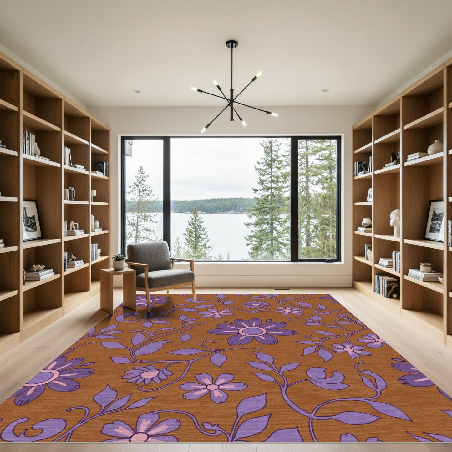 Brown and Lavender Floral Swirl Rug