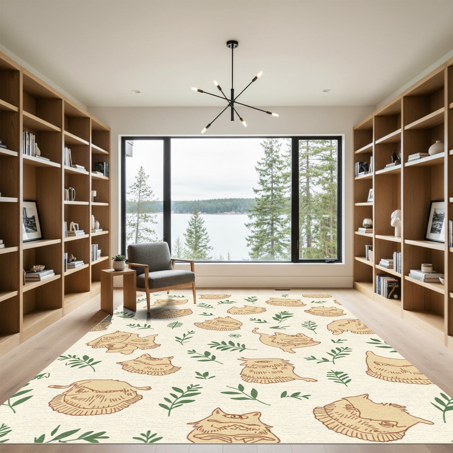 Whimsical Cat Face Botanical Cream Rug