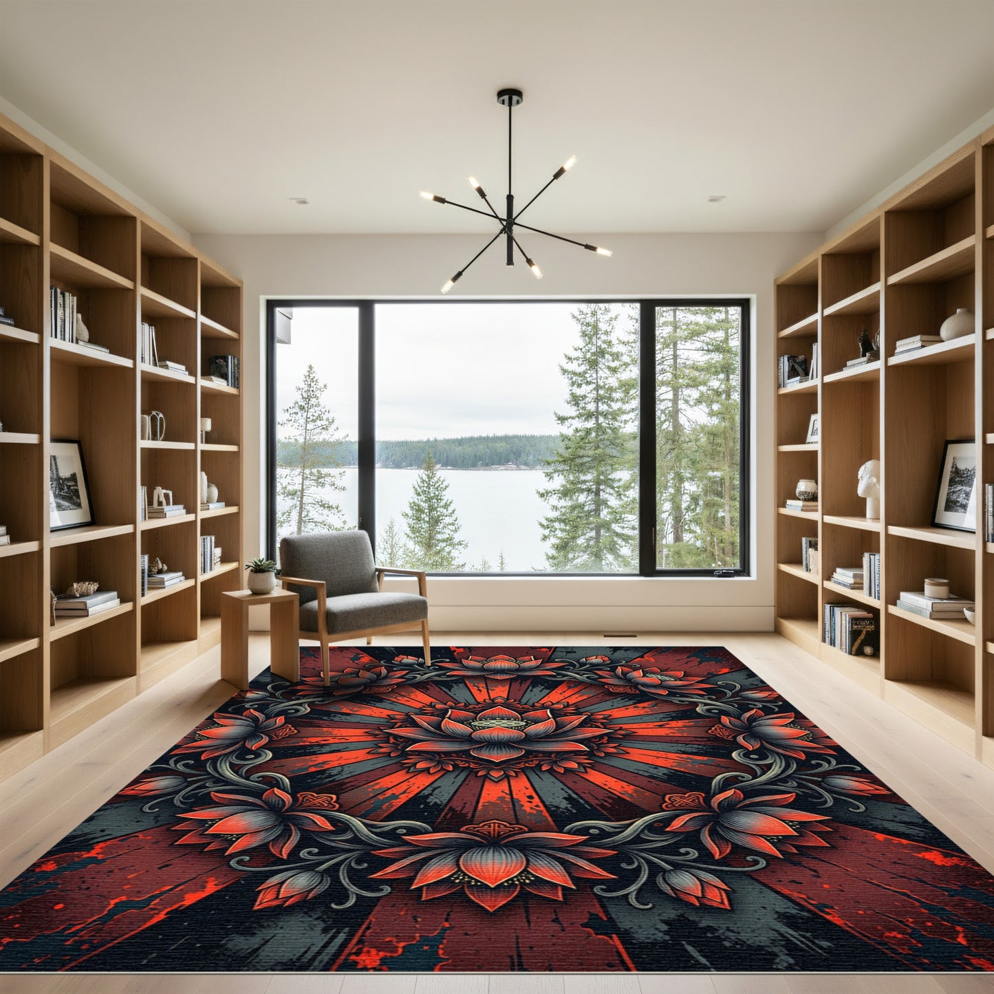 Gothic Crimson Lotus Radial Mandala Rug