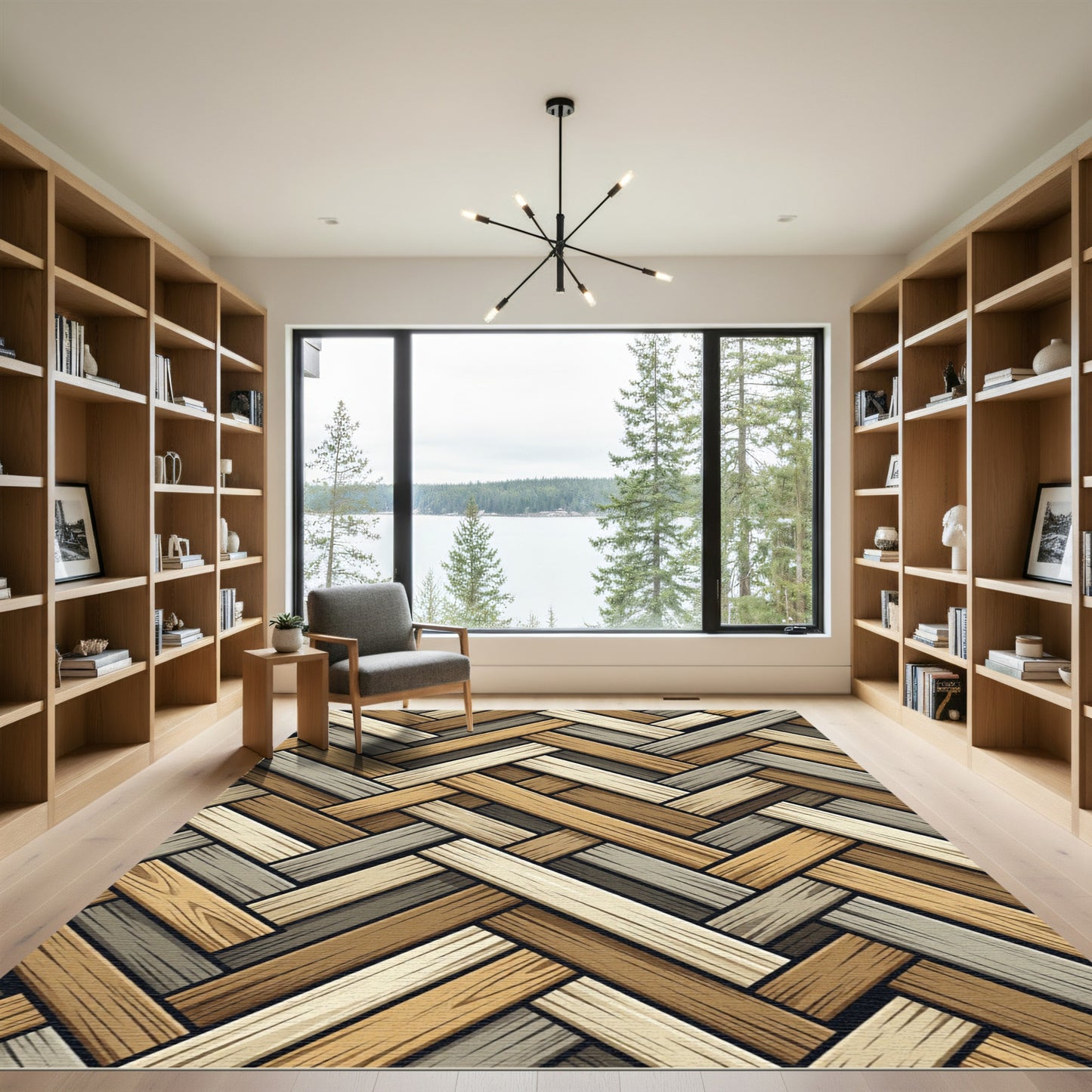 Neutral Herringbone Wood Plank Weave Rug