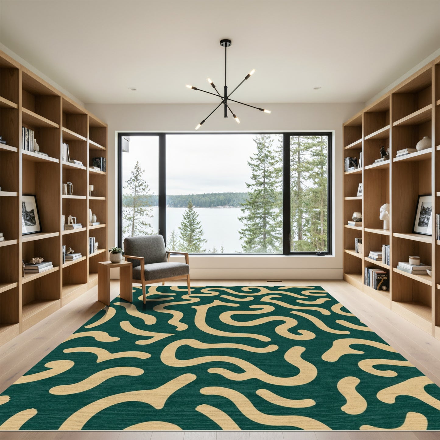 Deep Teal Abstract Swirl Line Rug