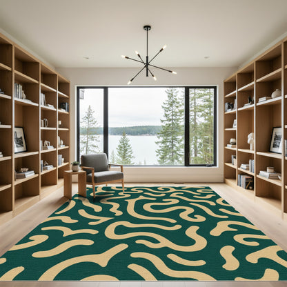 Deep Teal Abstract Swirl Line Rug
