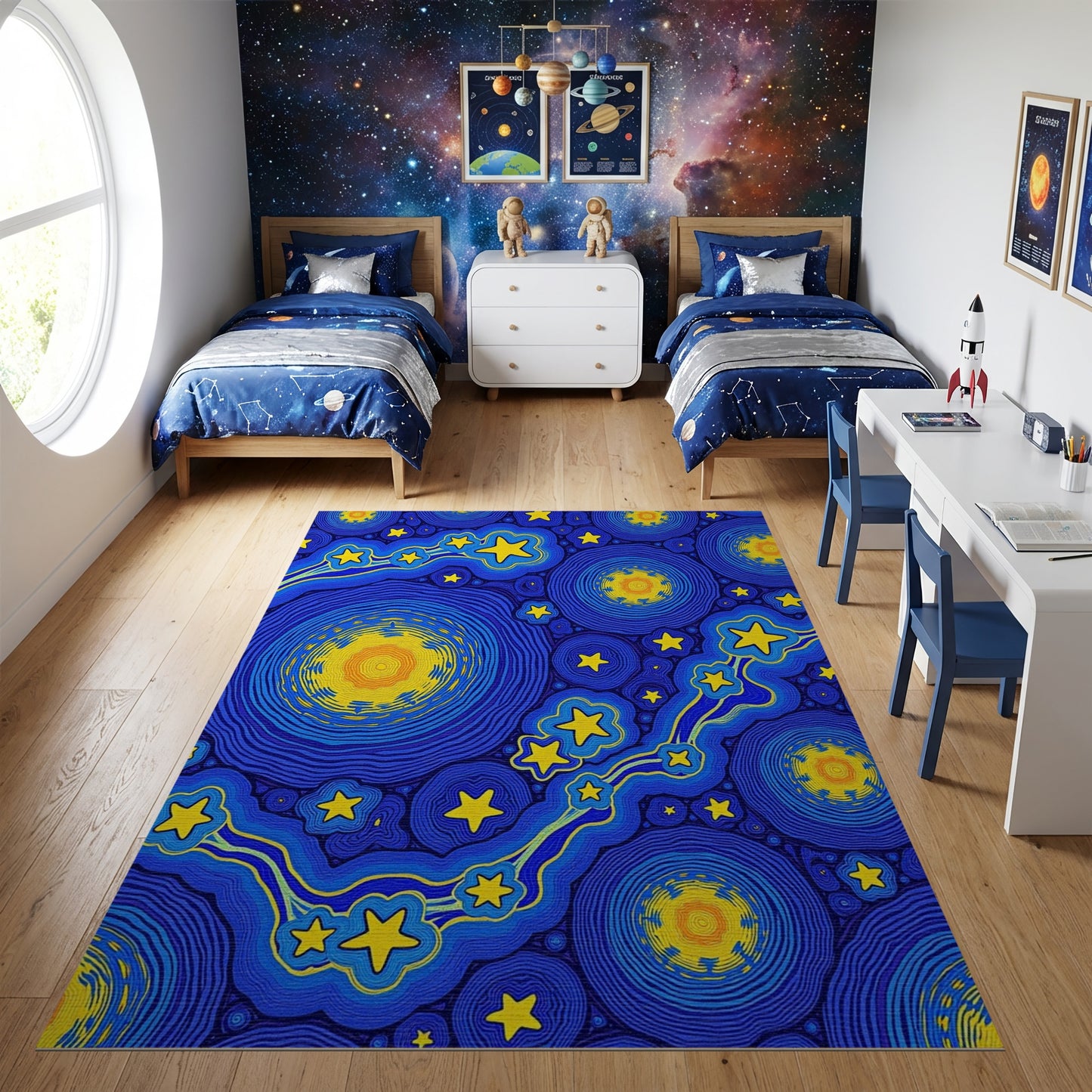 Navy Blue Swirling Yellow Stars Circles Rug