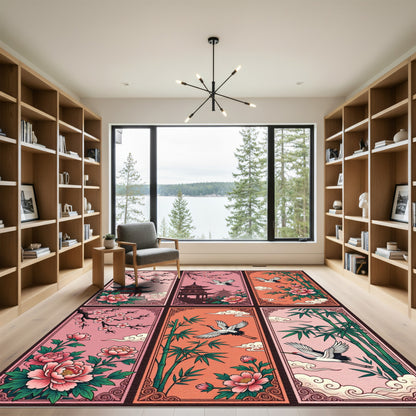 Asian Cranes Cherry Blossoms Pagoda Garden Rug