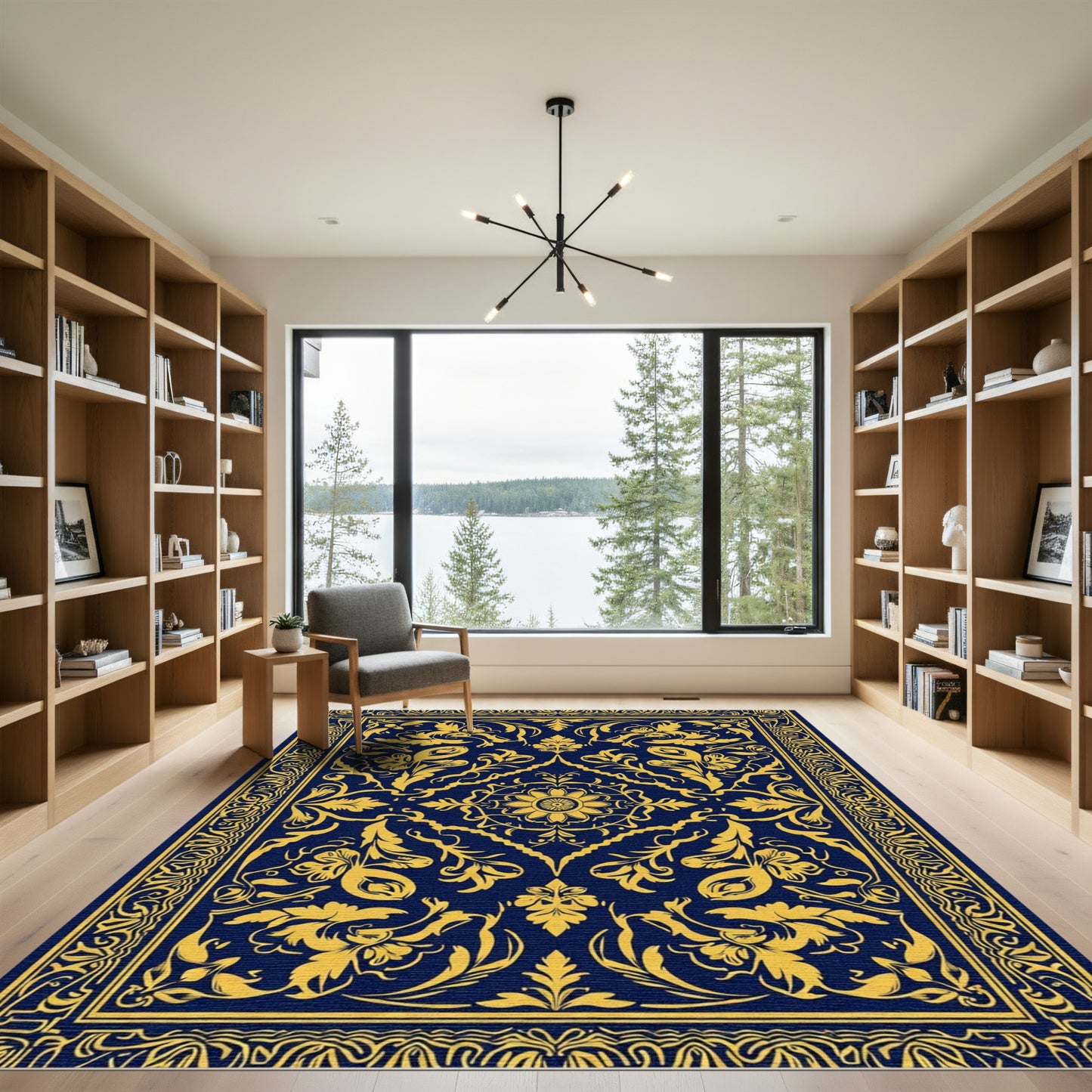 Golden Accents on Navy Floral Arrangement Rug
