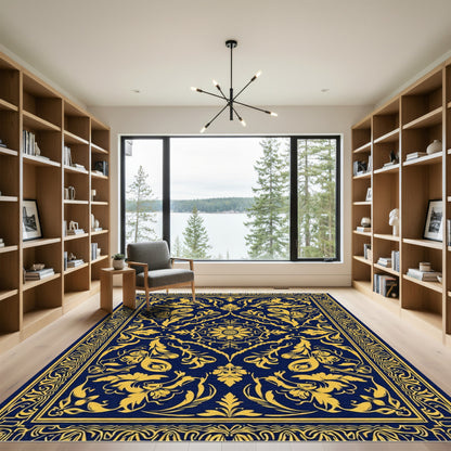 Golden Accents on Navy Floral Arrangement Rug