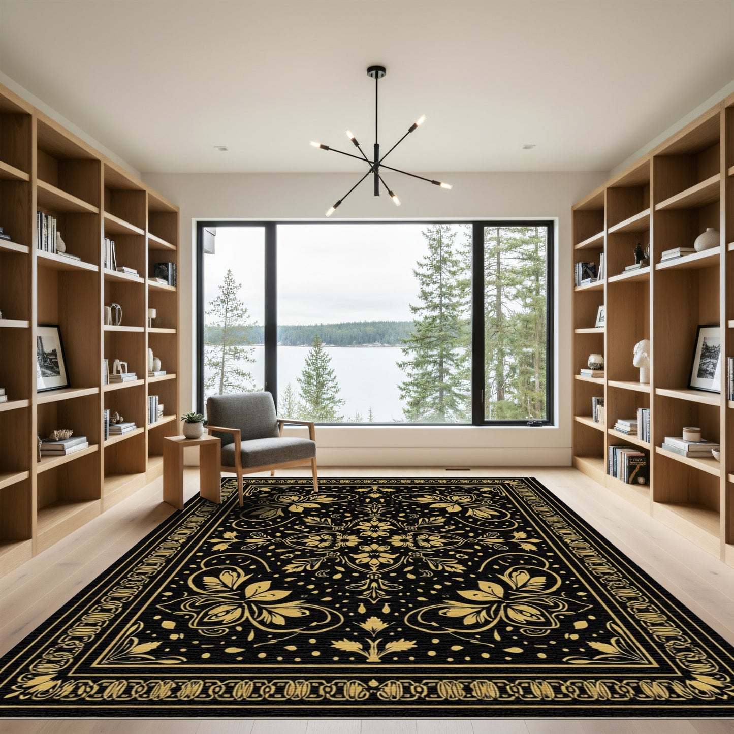 Golden Floral Black Scroll Rug
