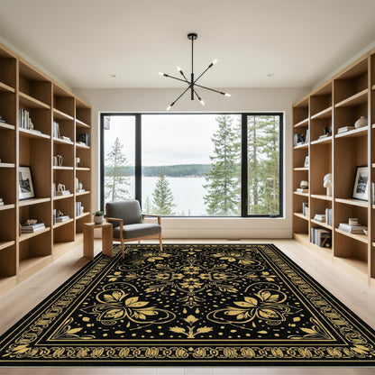 Golden Floral Black Scroll Rug