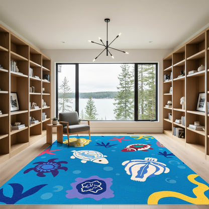 Whimsical Ocean Creatures Blue Aquatic Rug