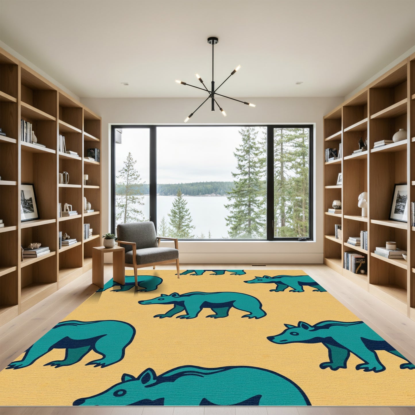 Teal Bear Repeating Meadow Pattern Rug