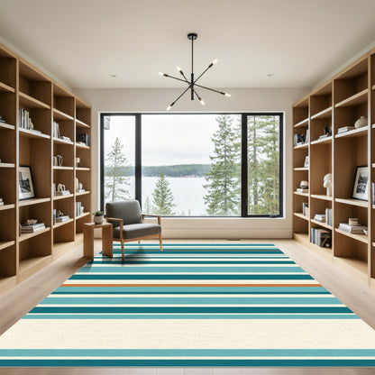 Aqua Teal Cream Striped Horizon Line Rug
