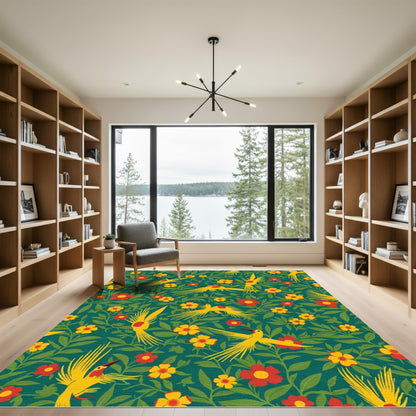 Emerald Green Tropical Bird Garden Rug