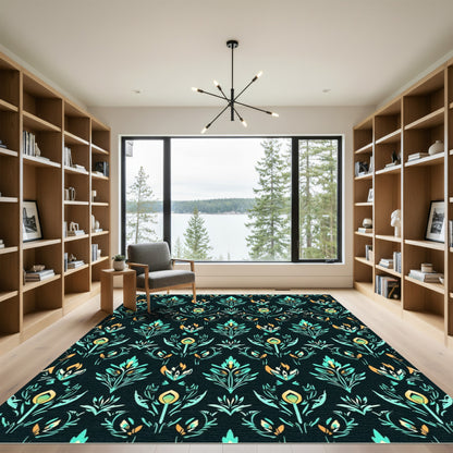 Teal Orange Floral Damask Tapestry Rug