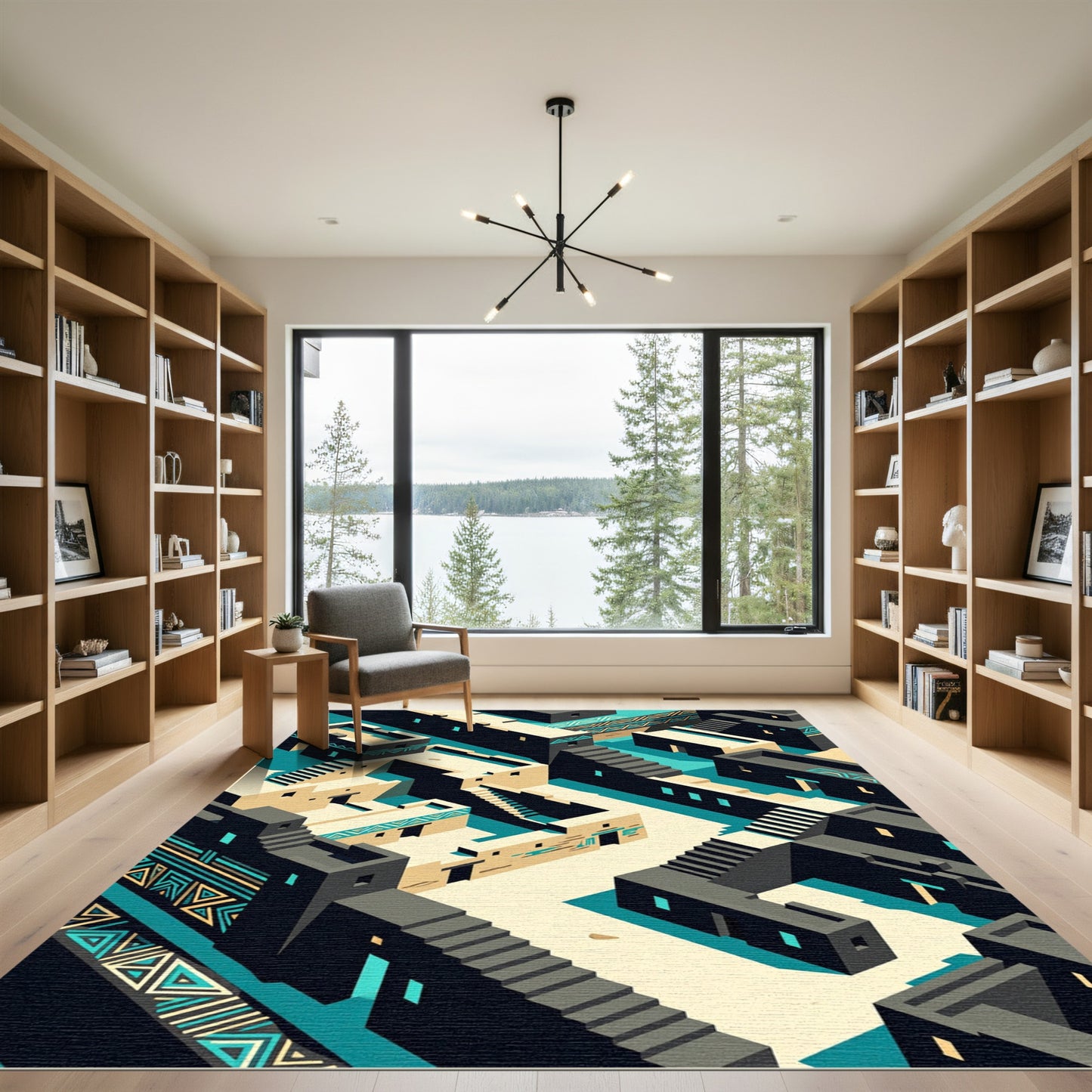 Geometric Teal and Sand Terraced City Rug