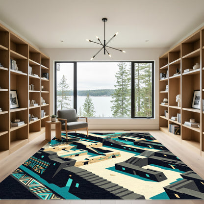 Geometric Teal and Sand Terraced City Rug